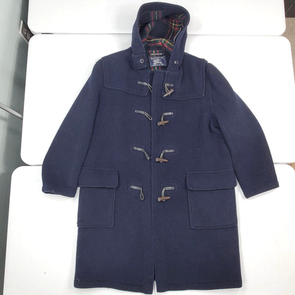 Vintage Burberrys Duffle Coat Men L Navy Wool Hooded Toggle England Plaid Lined